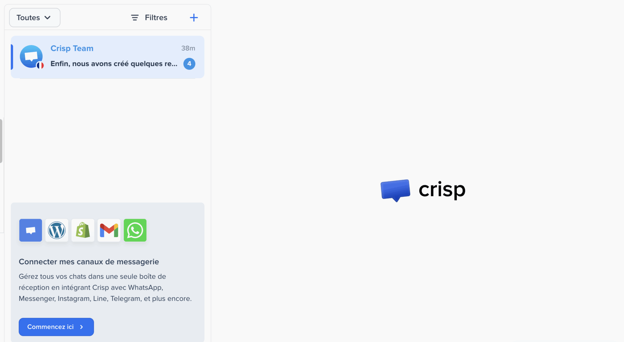 Boîte de réception partagée de Crisp, avec ses conversations multicanales