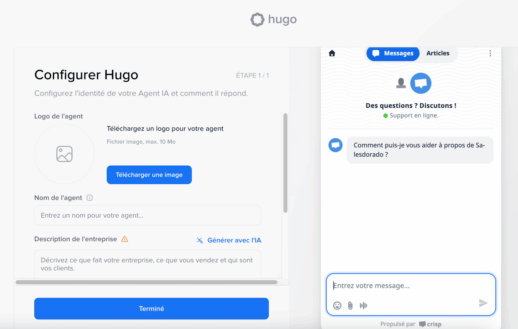 Écran de configuration de l'agent IA Hugo dans Crisp