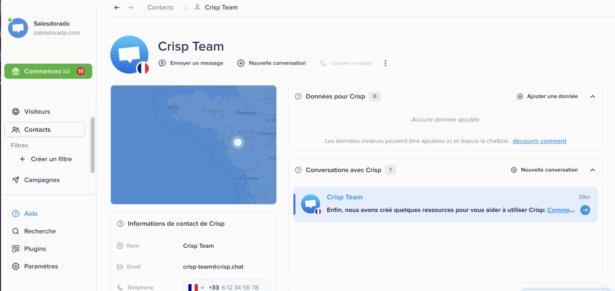 Fiche contact détaillée dans le CRM de Crisp