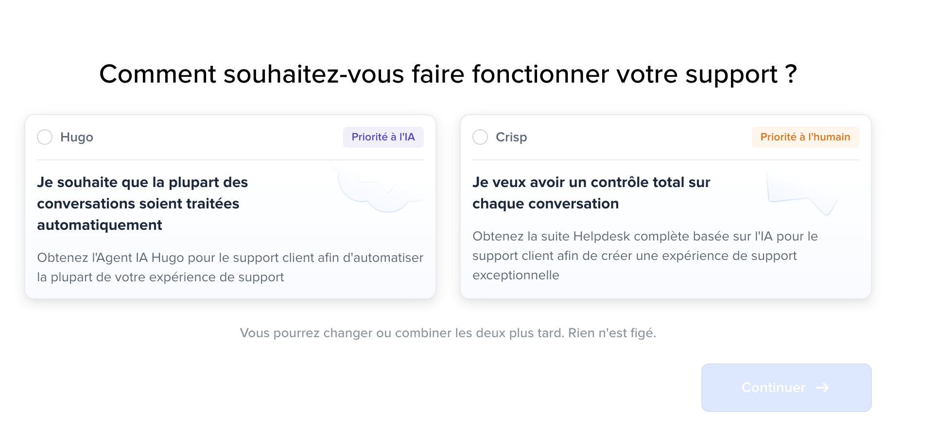 Écran de premiers pas de Crisp, avec le choix entre Hugo et Crisp