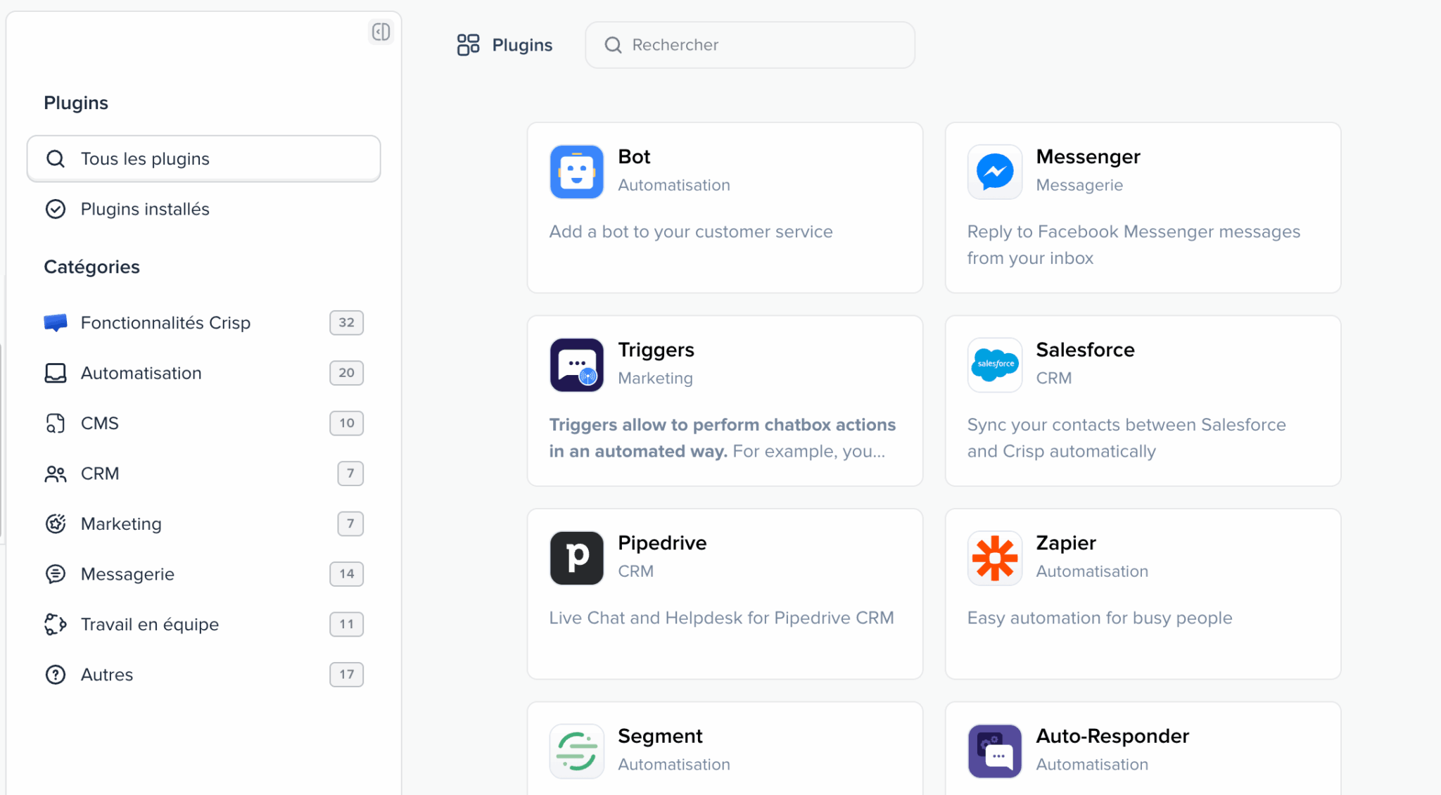 Catalogue de plugins et d'intégrations de Crisp