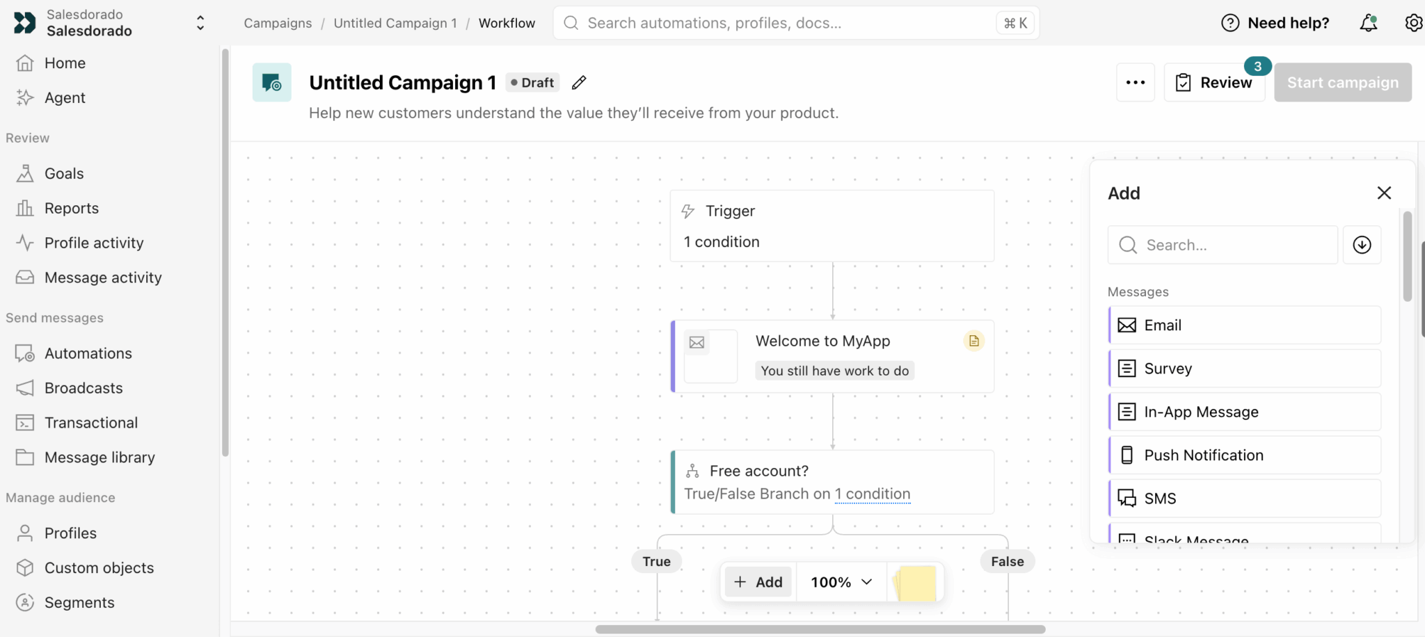 Constructeur de parcours visuel de Customer.io