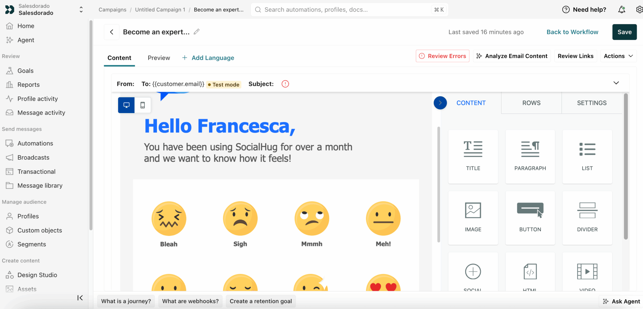 Éditeur d'email de Customer.io