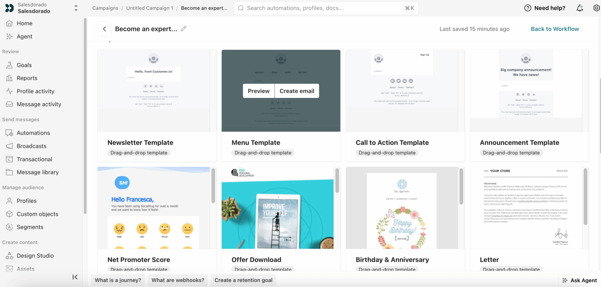 Galerie de modèles d'emails dans Customer.io