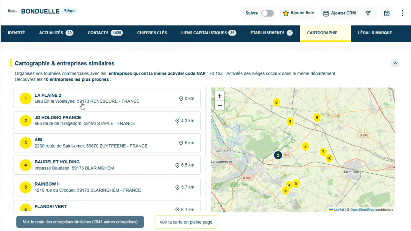 La cartographie des établissements d'une entreprise dans Decidento