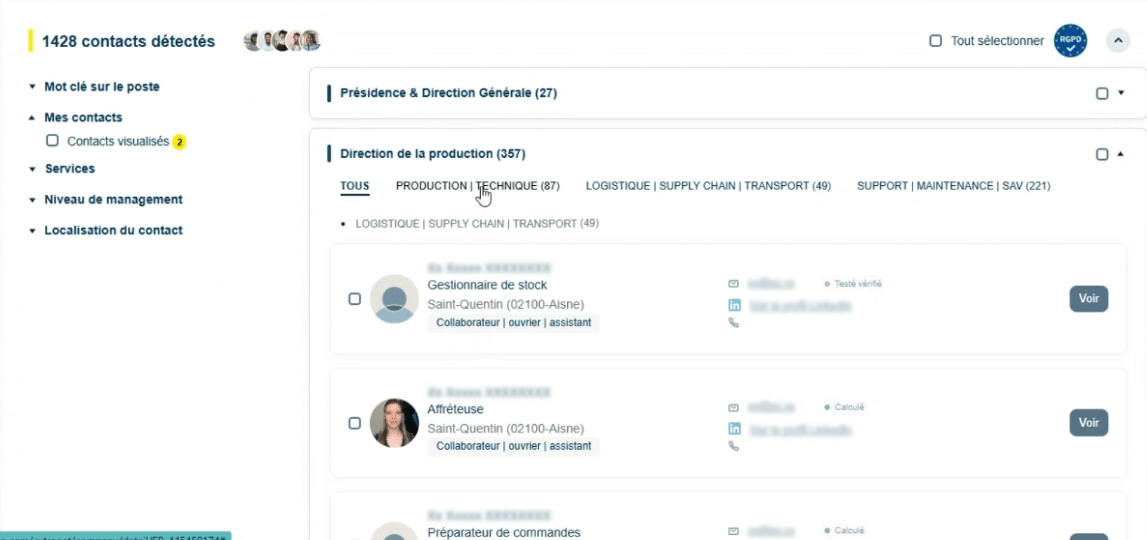 Le filtrage des contacts par sous-catégorie de service dans l'organigramme Decidento