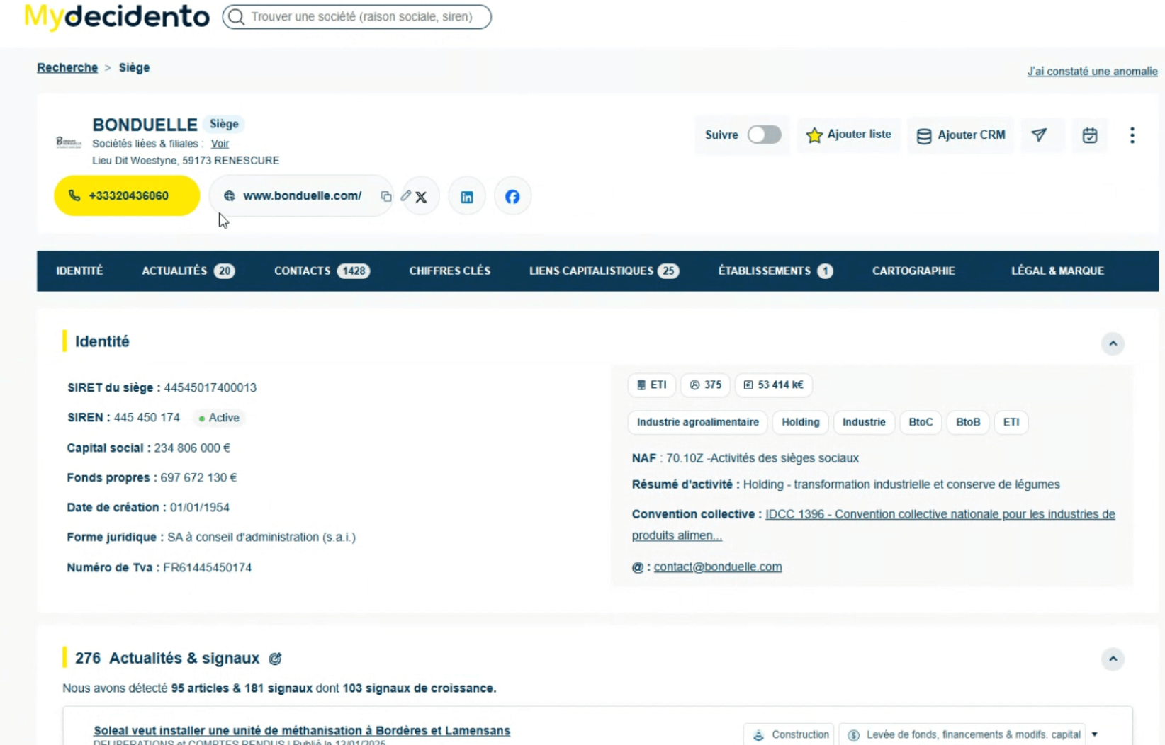 Une fiche société complète dans Decidento
