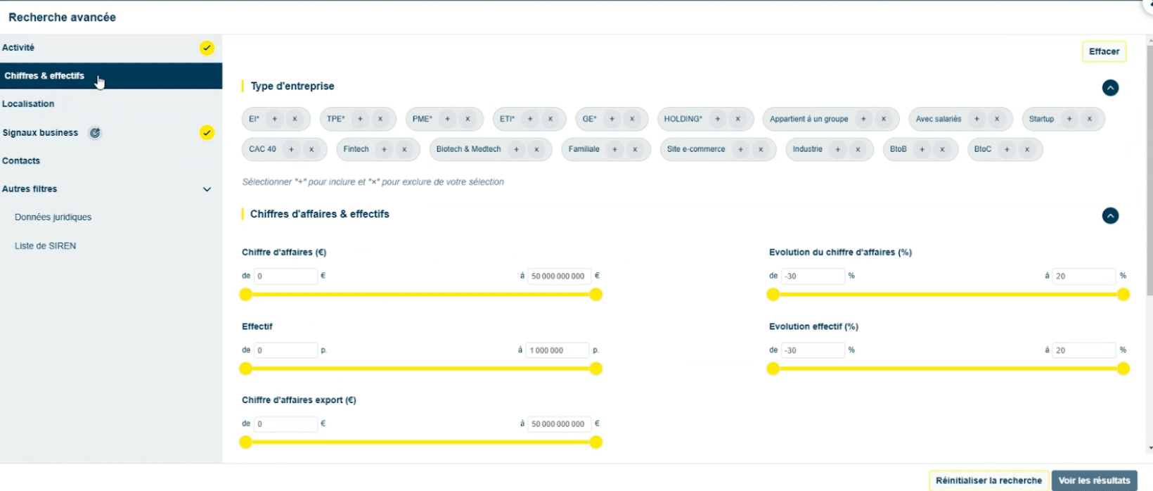 Les filtres de recherche avancée par taille, chiffre d'affaires et effectif dans Decidento