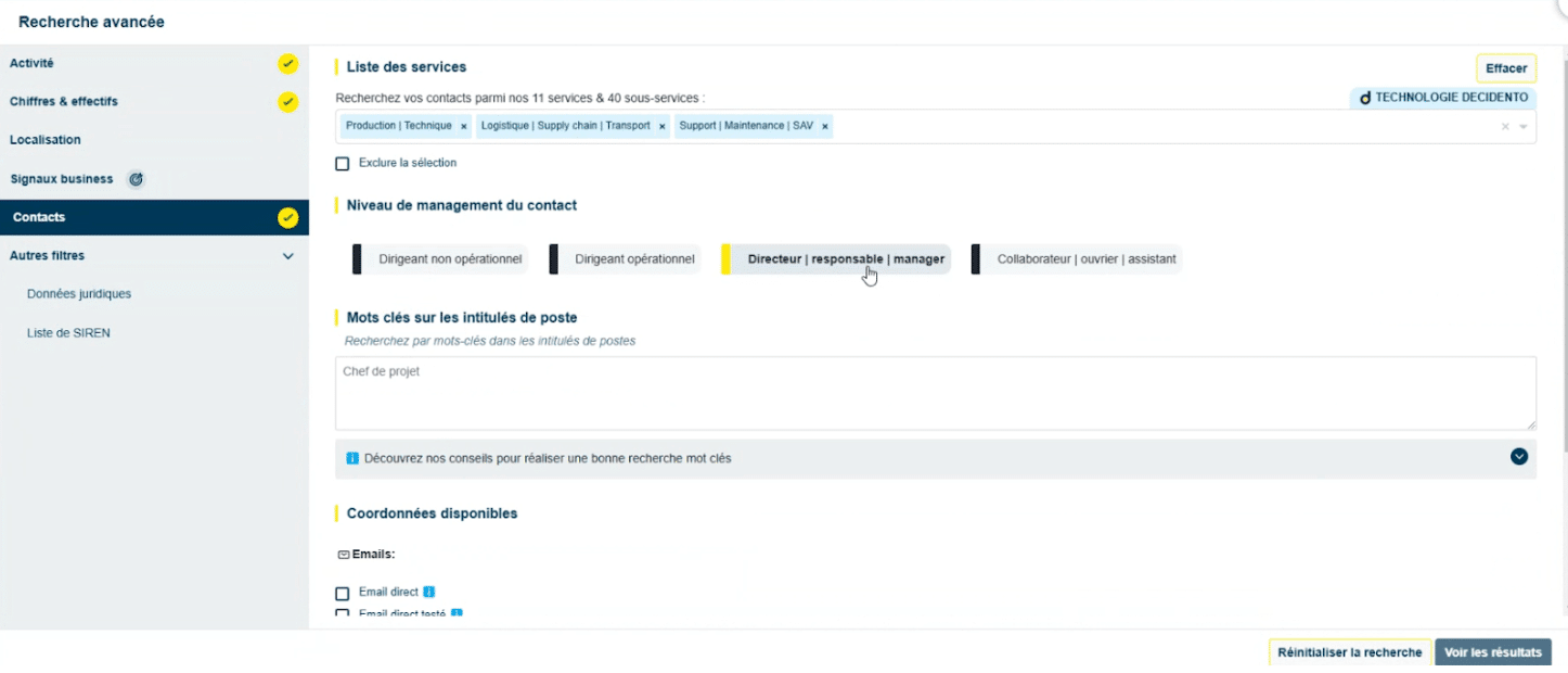 La recherche avancée de contacts dans Decidento