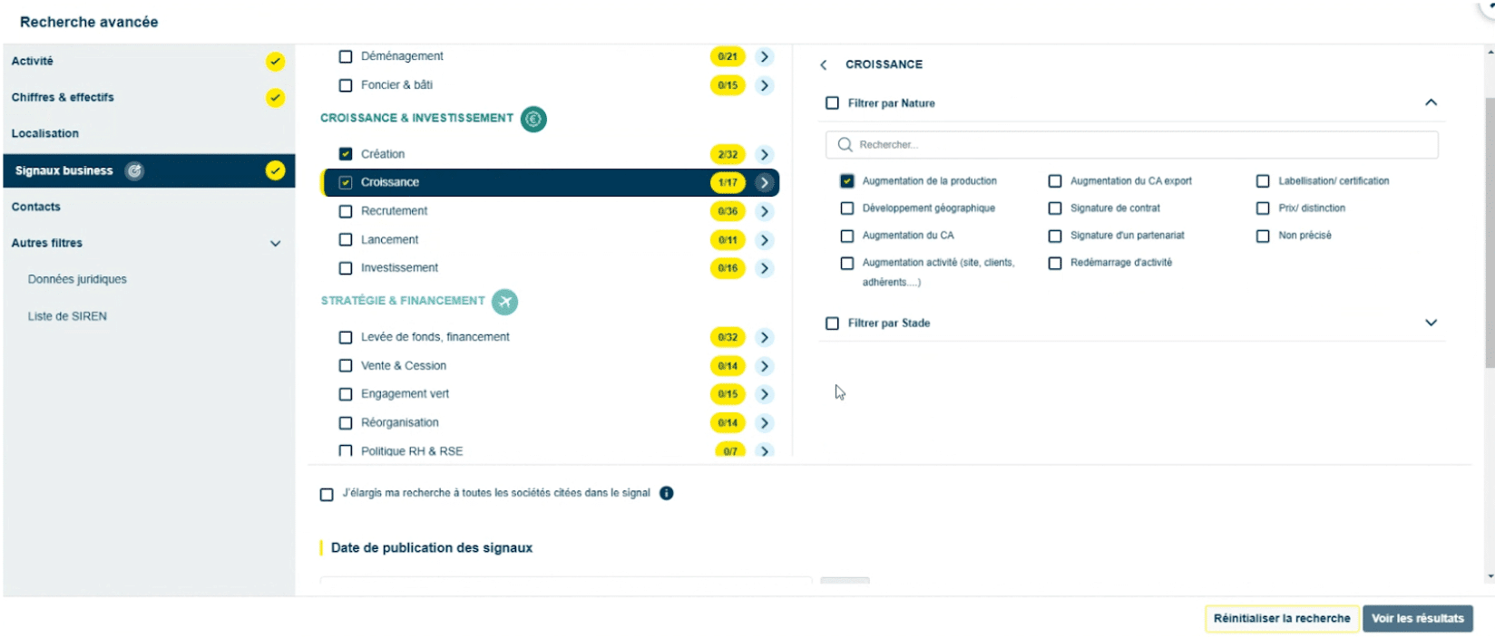 La sélection de signaux business dans la recherche avancée de Decidento