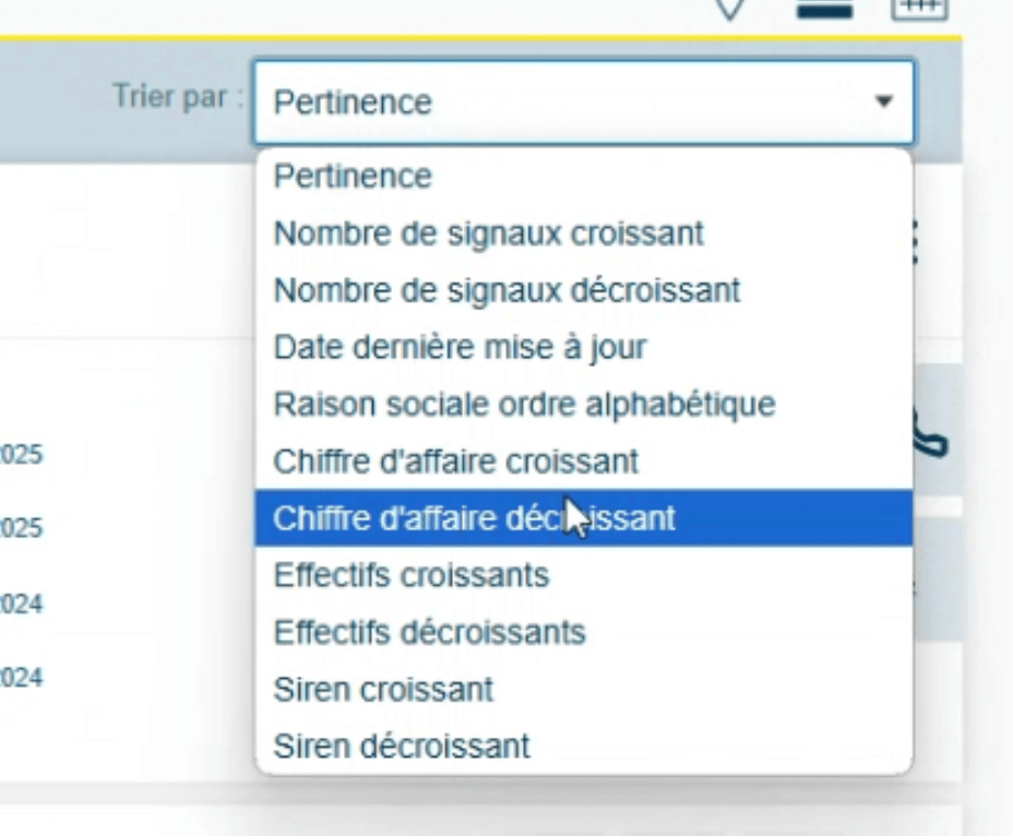 Les options de tri des résultats de recherche dans Decidento