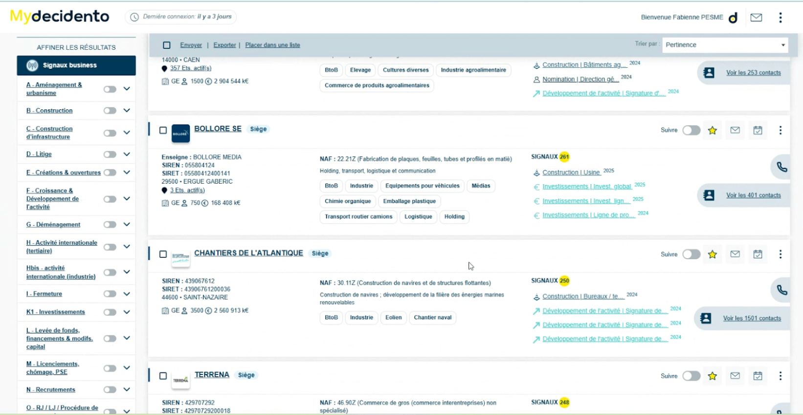 La liste des entreprises correspondant aux critères de recherche dans Decidento