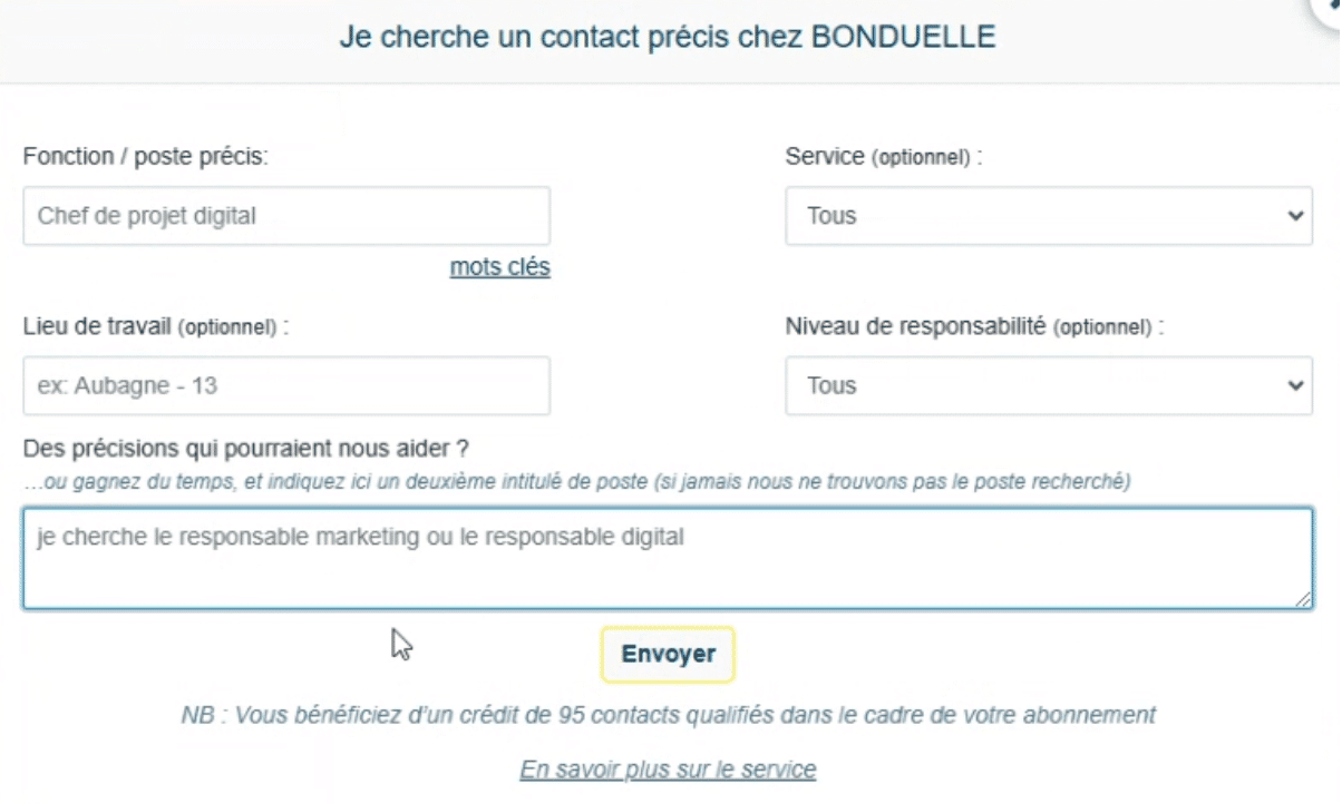 Le formulaire de demande de recherche de contact par l'équipe Decidento