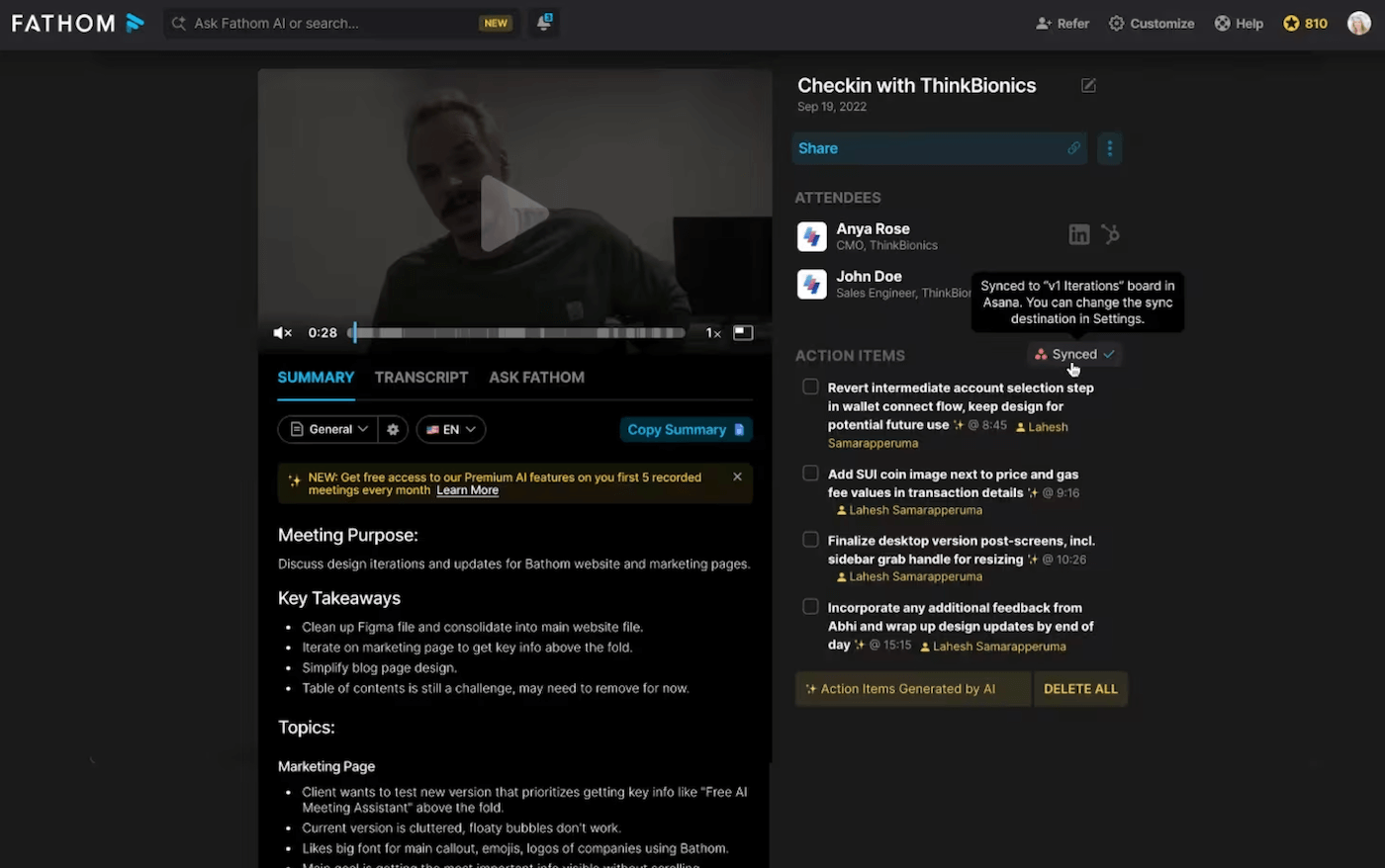 Interface de résumé de Fathom AI