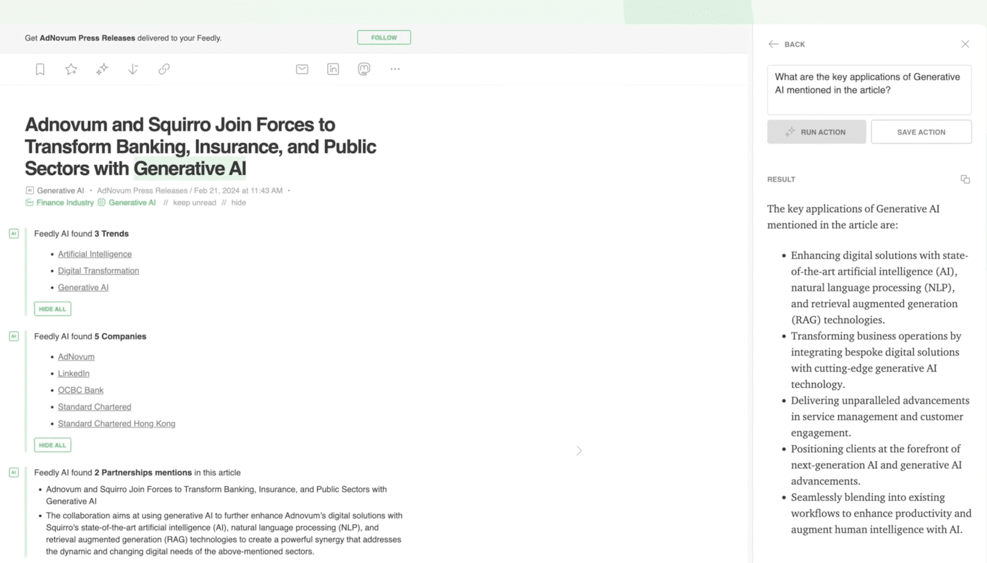 The Feedly Market Intelligence home screen