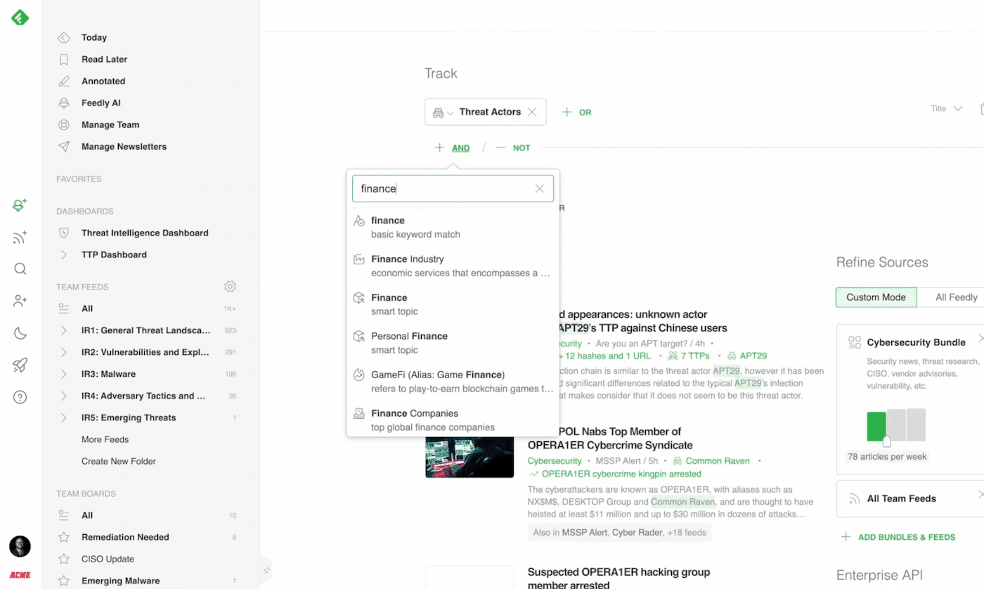 The Feedly Threat Intelligence home screen
