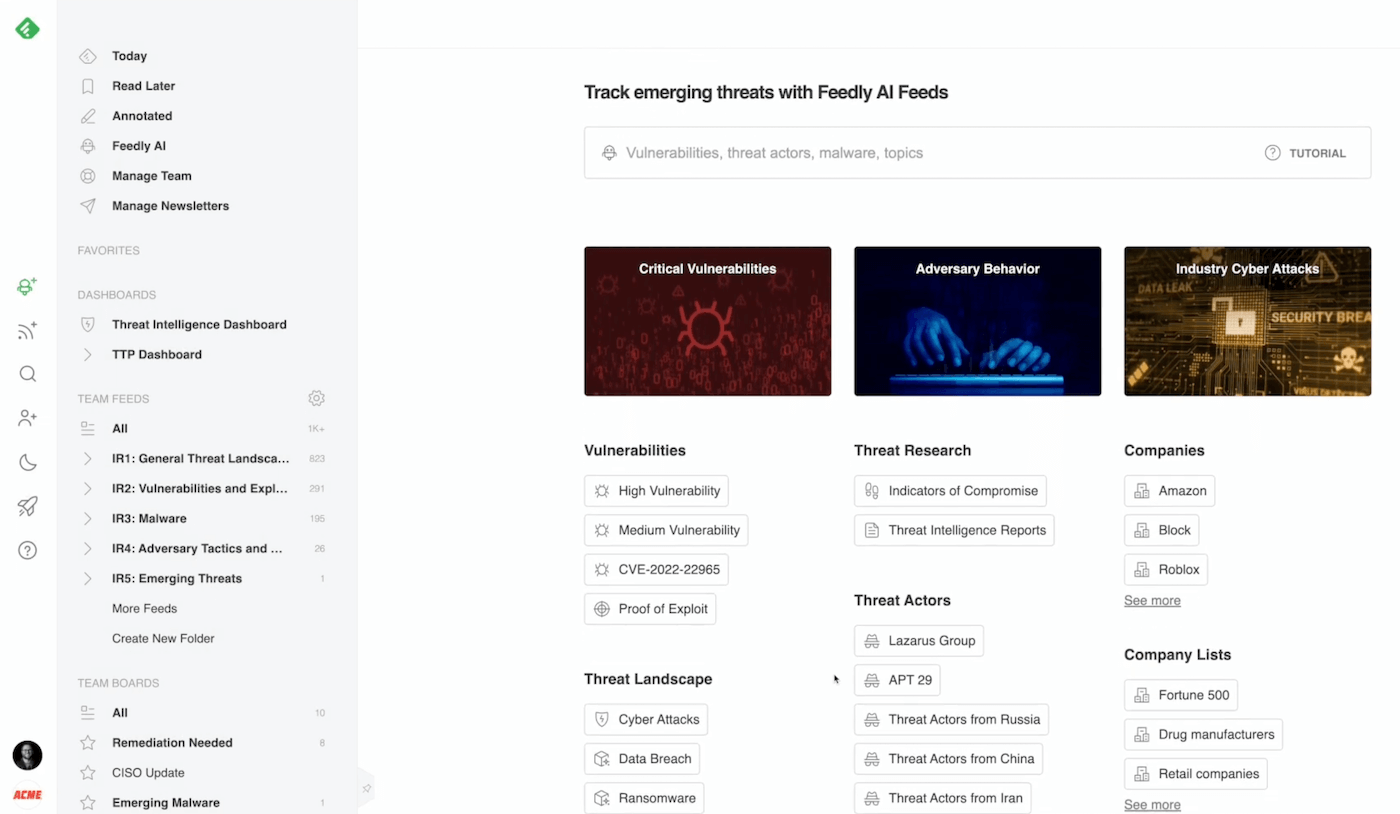 A threat dashboard in Feedly Threat Intelligence