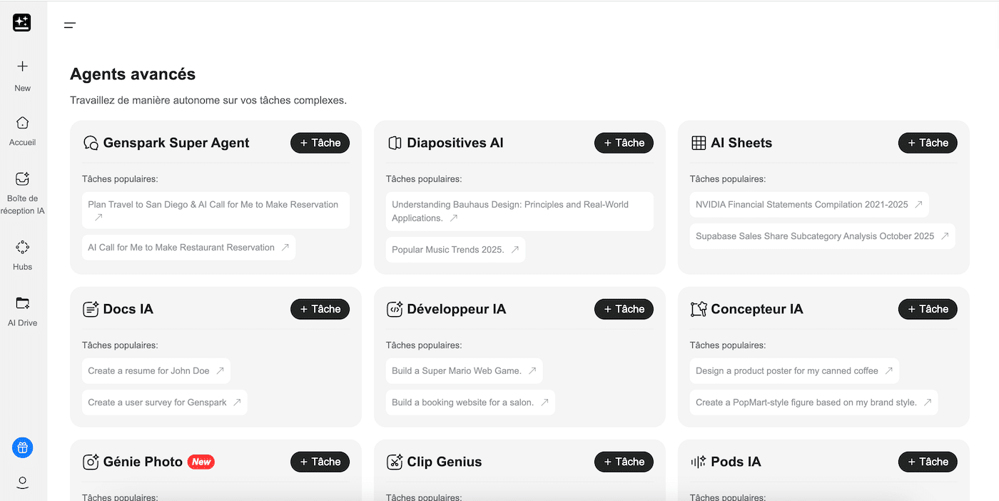 Les agents avancés disponibles dans GenSpark