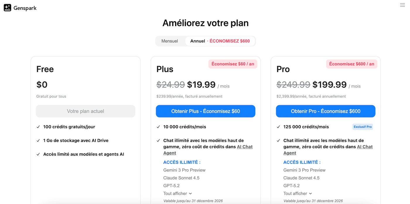 La grille tarifaire de GenSpark