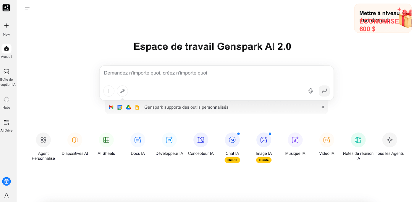 Le tableau de bord de GenSpark