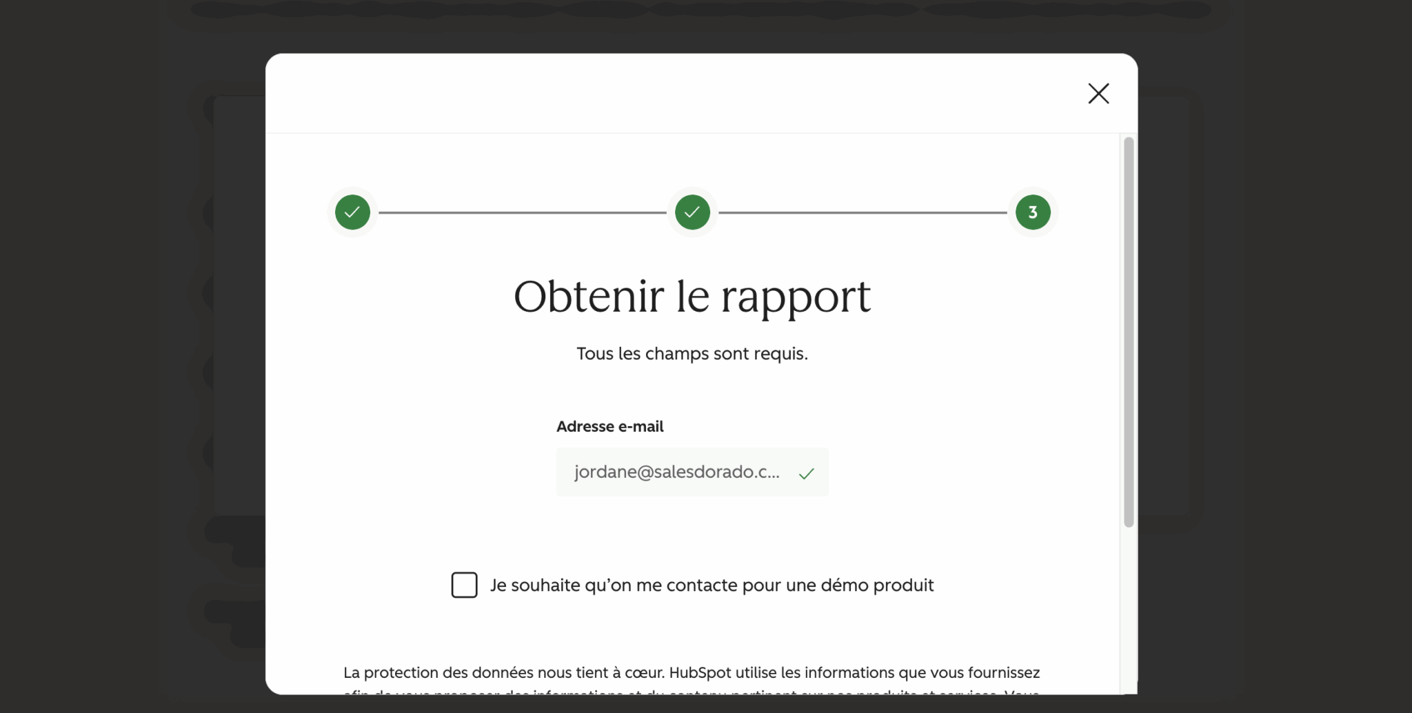 L'accès au rapport complet de l'AEO Grader, contre une adresse email