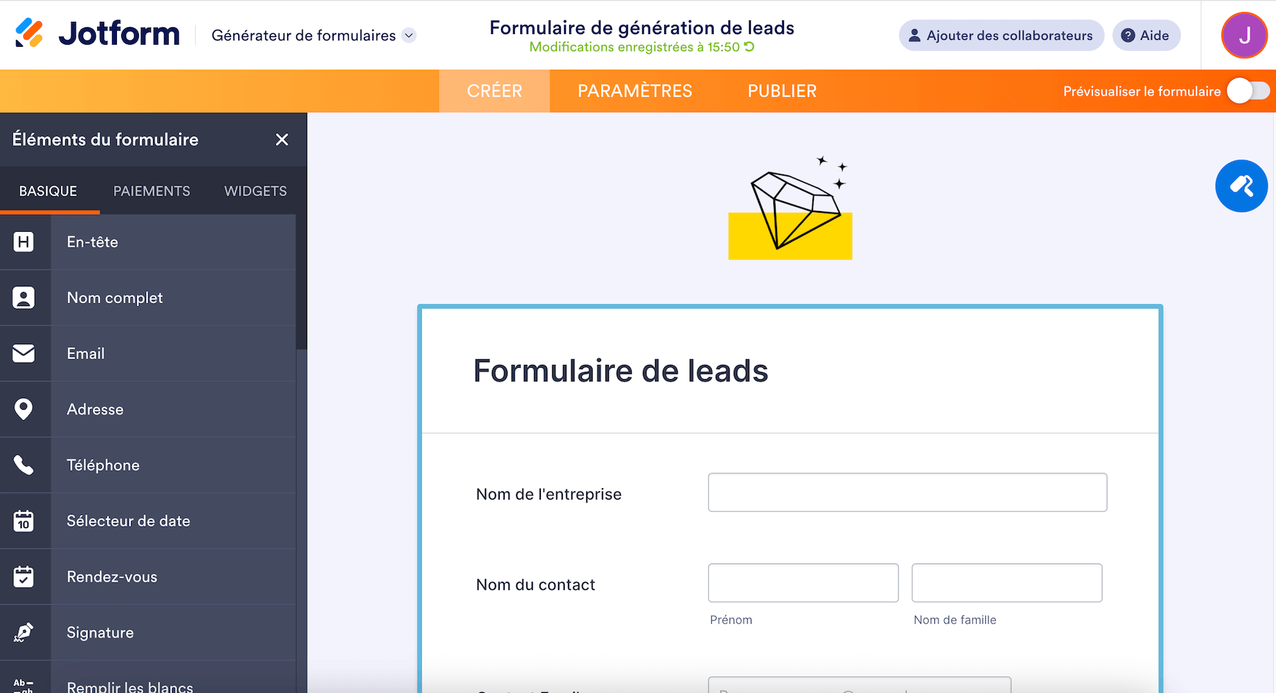 Ajout d'éléments dans l'éditeur de formulaire Jotform