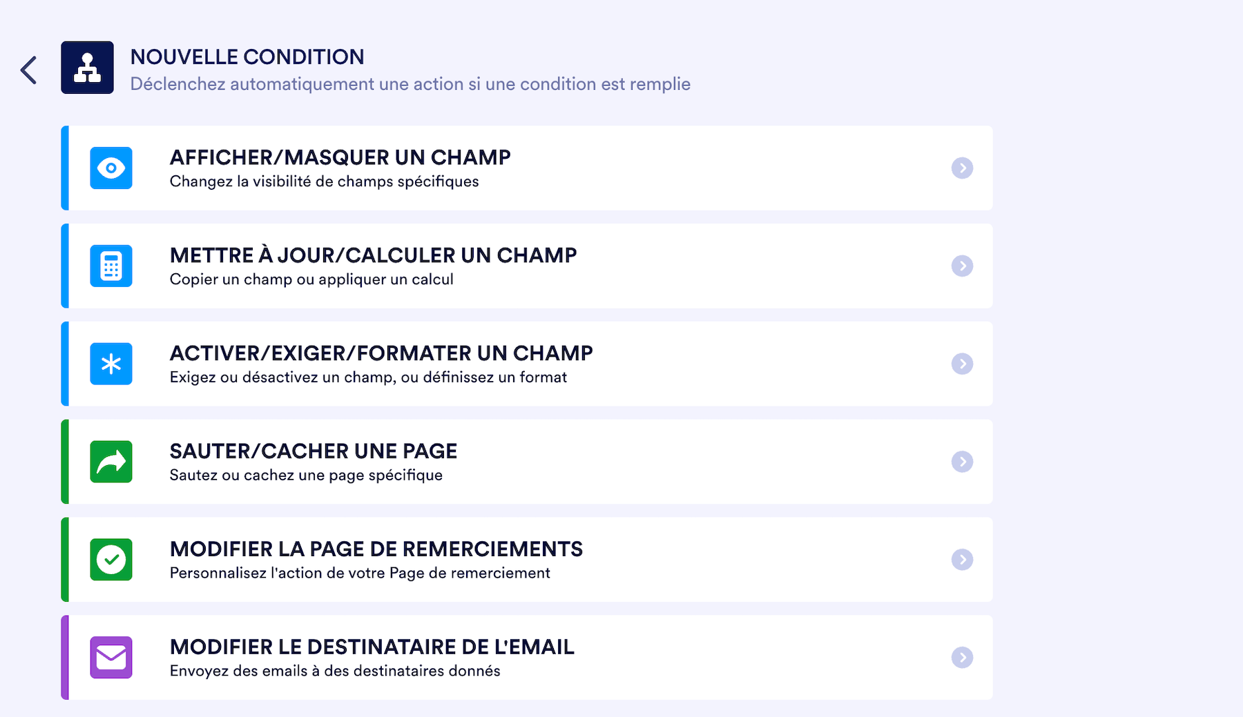 Liste des automatisations configurées dans Jotform
