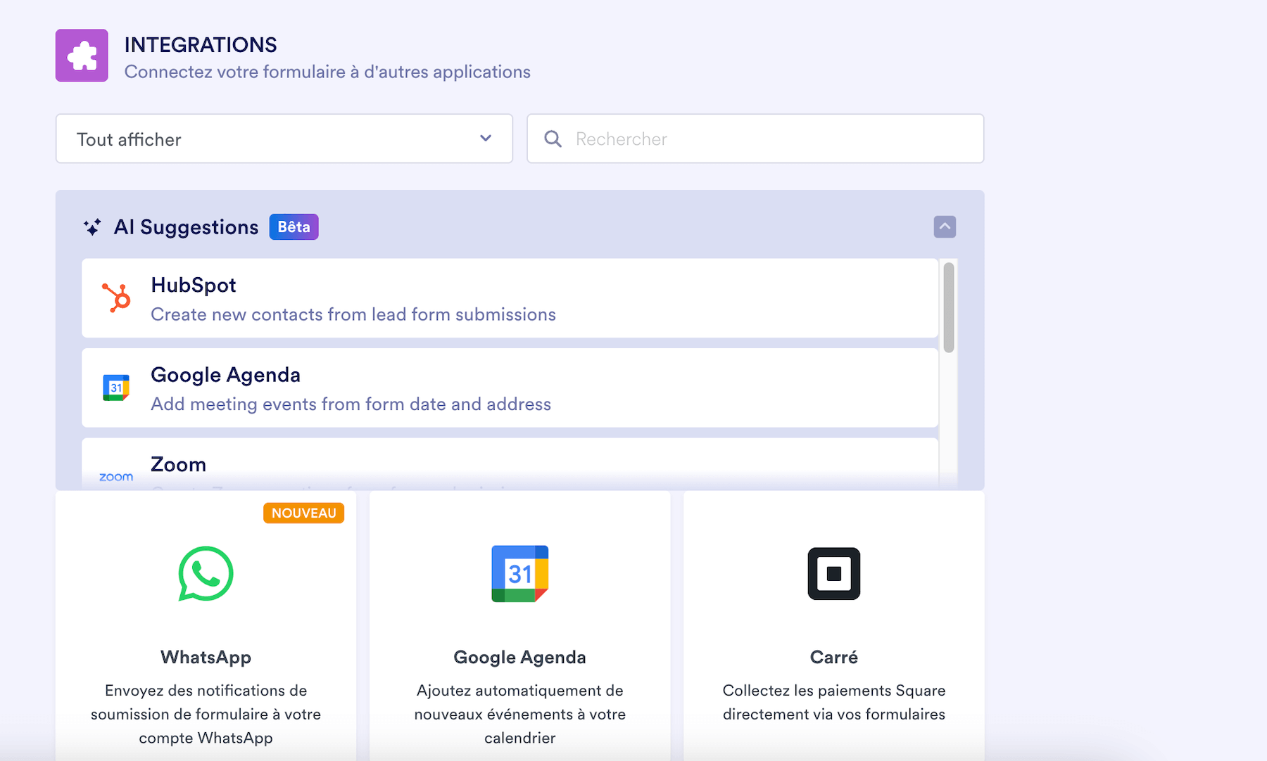 Catalogue des intégrations natives de Jotform