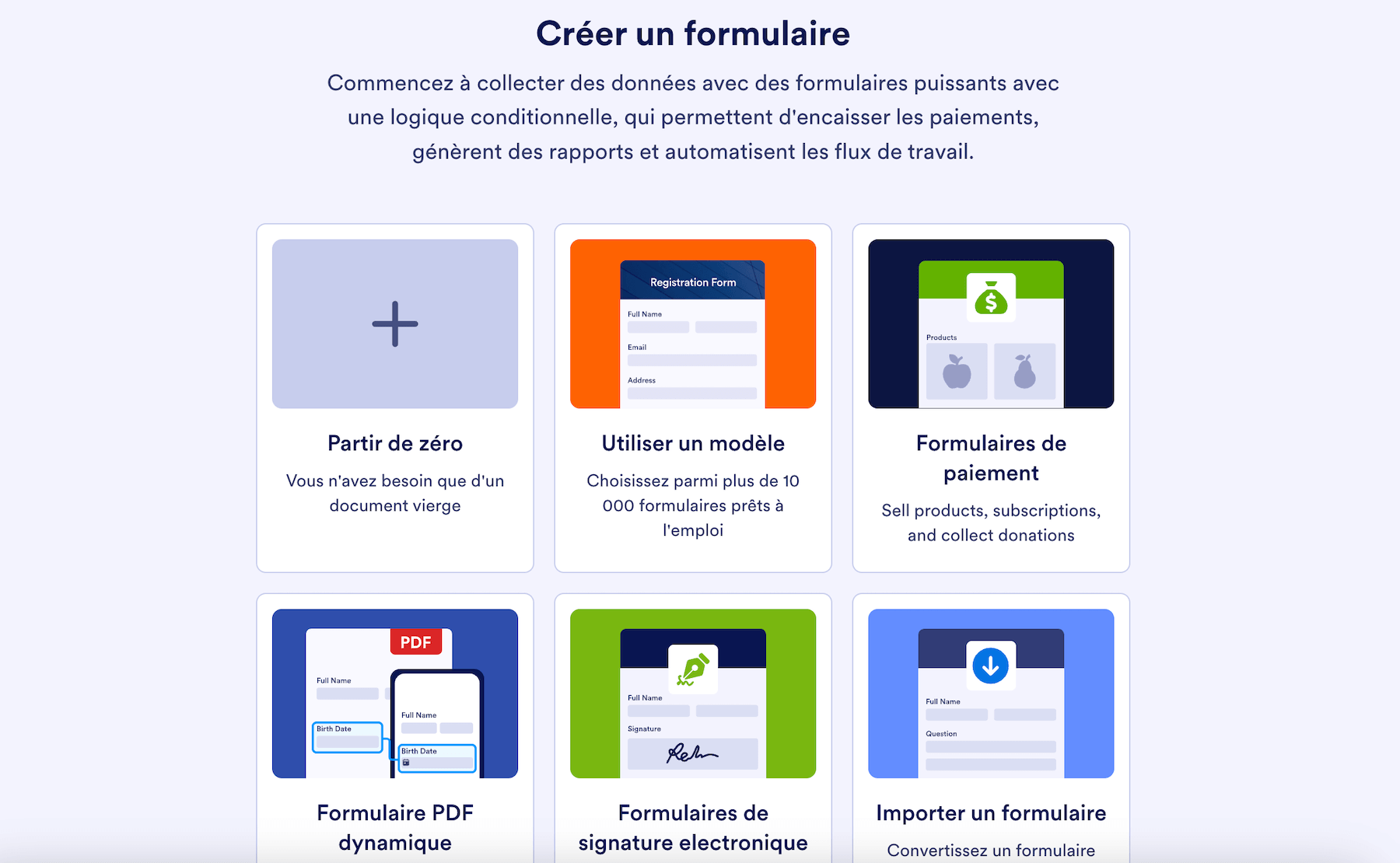 Les différents types de formulaires proposés par Jotform