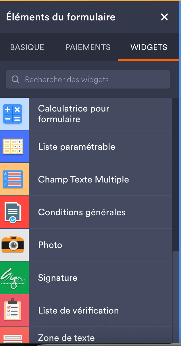 Liste des widgets disponibles dans Jotform
