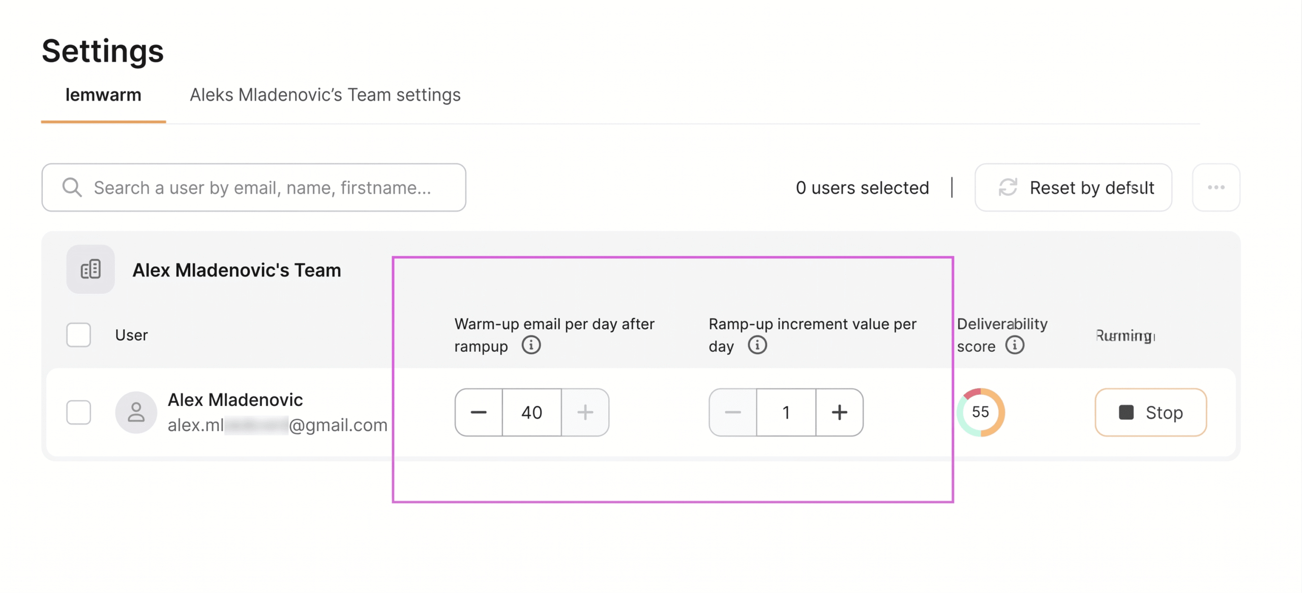 Le réglage du nombre d'emails de warm-up par jour et de l'incrément quotidien dans Lemwarm