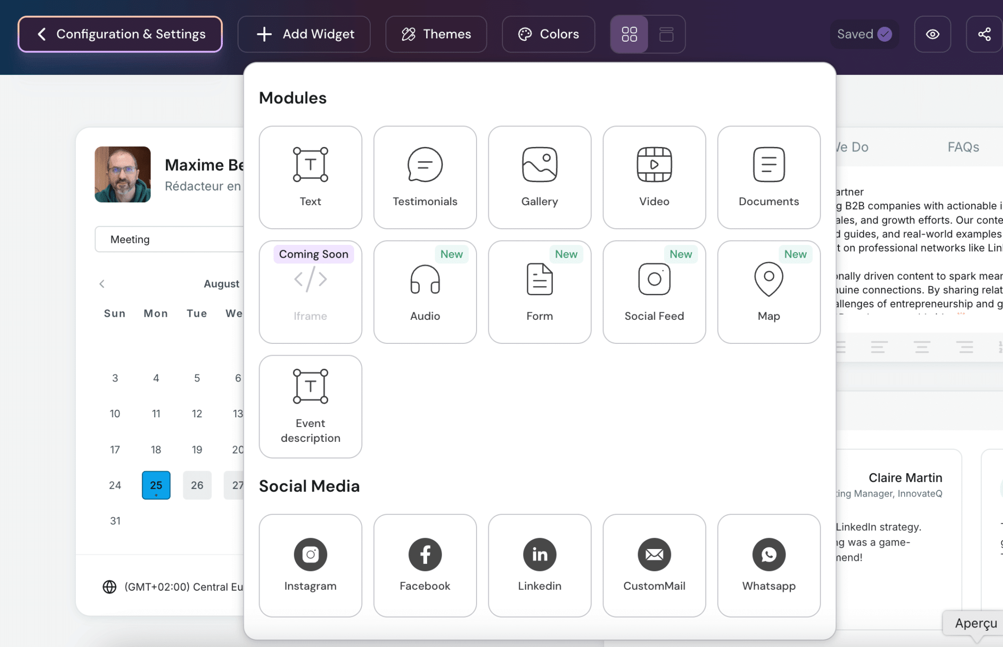 Bibliothèque de widgets à ajouter sur une page de réservation Lunacal