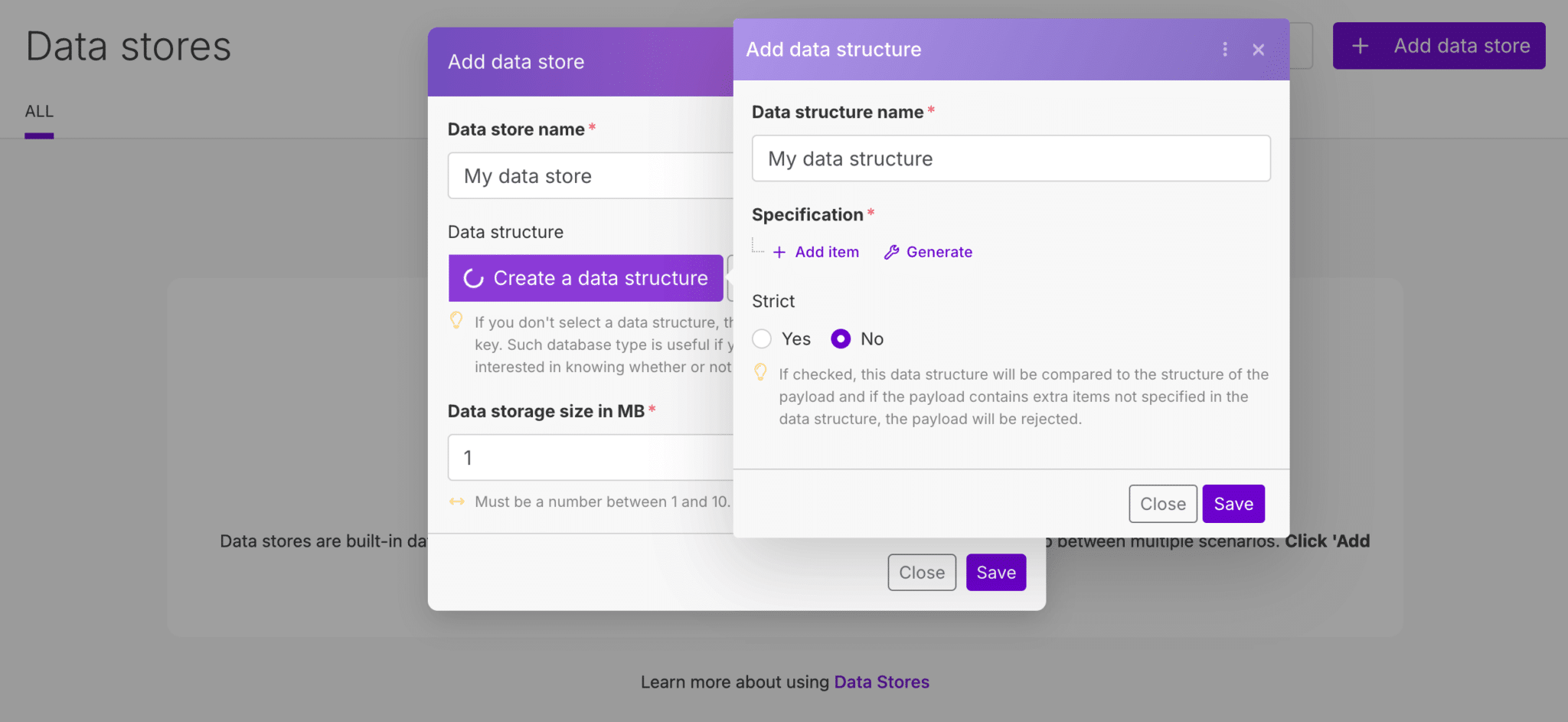 L'écran des Data Stores de Make, la base de données interne d'un compte