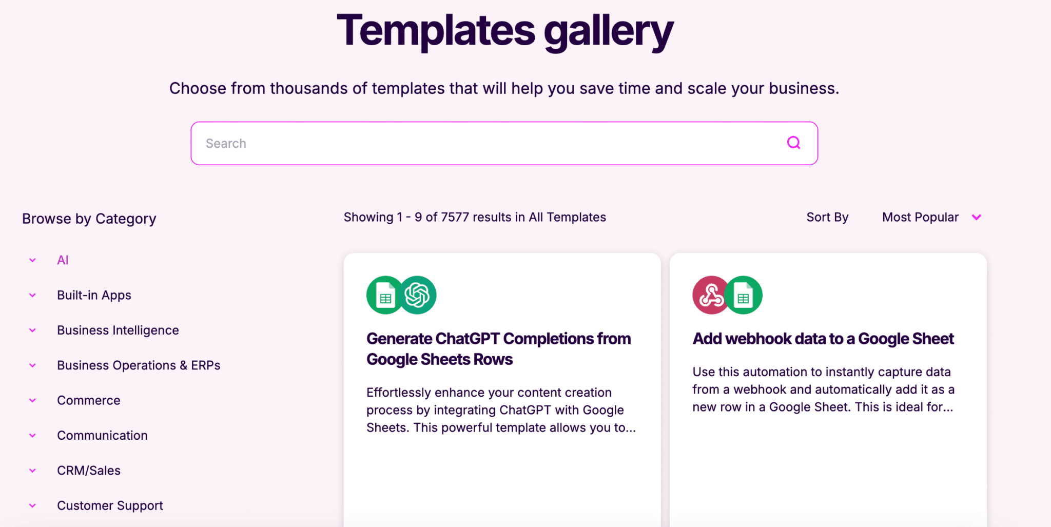 La galerie de templates de scénarios Make, classée par cas d'usage