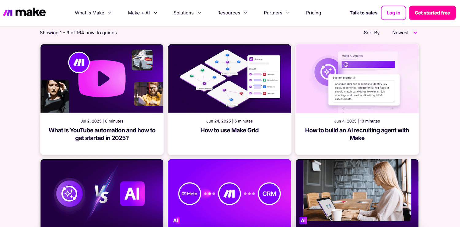 La bibliothèque de tutoriels vidéo de la documentation Make