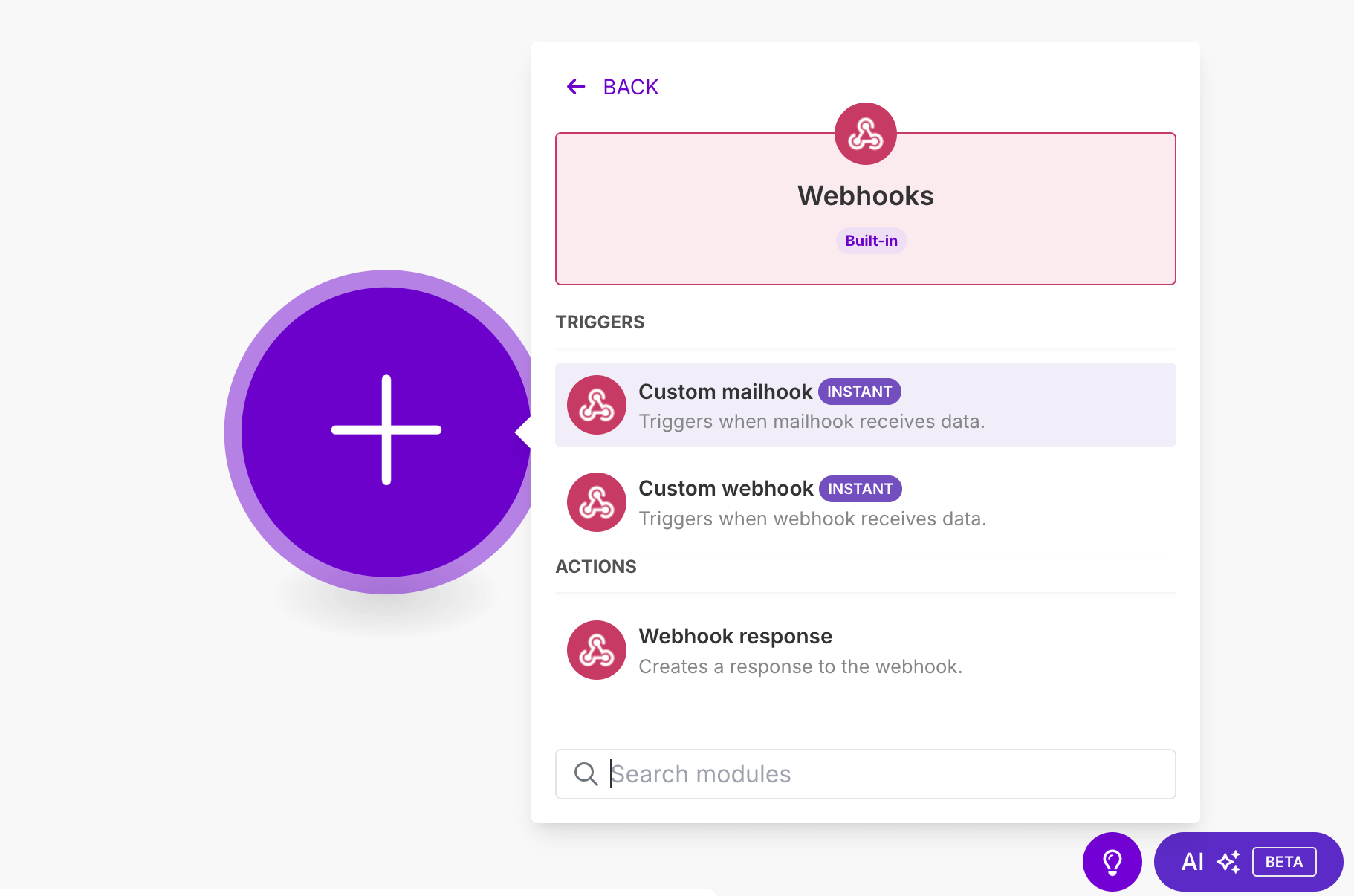 La configuration d'un webhook entrant dans Make, avec la structure des données reçues