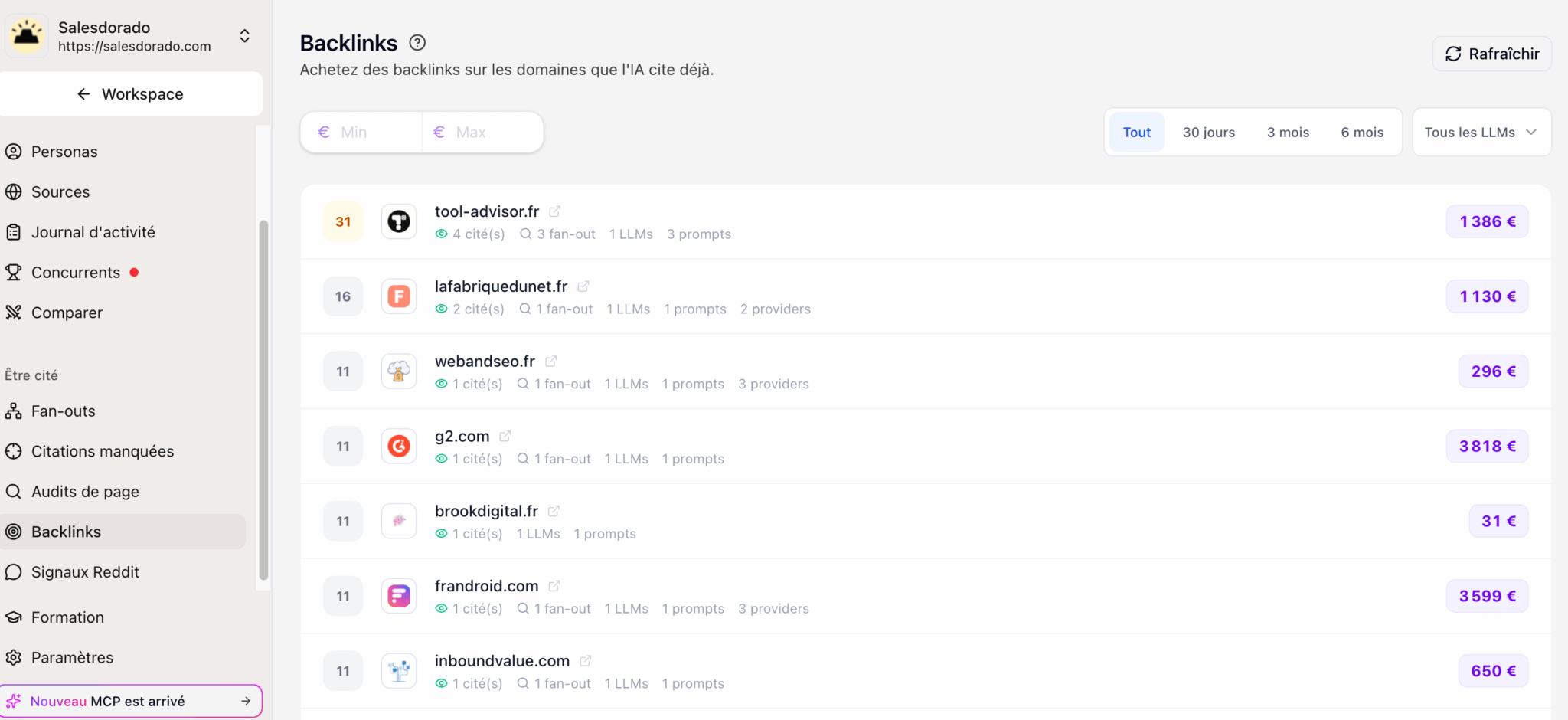 El módulo de backlinks y sus precios observados