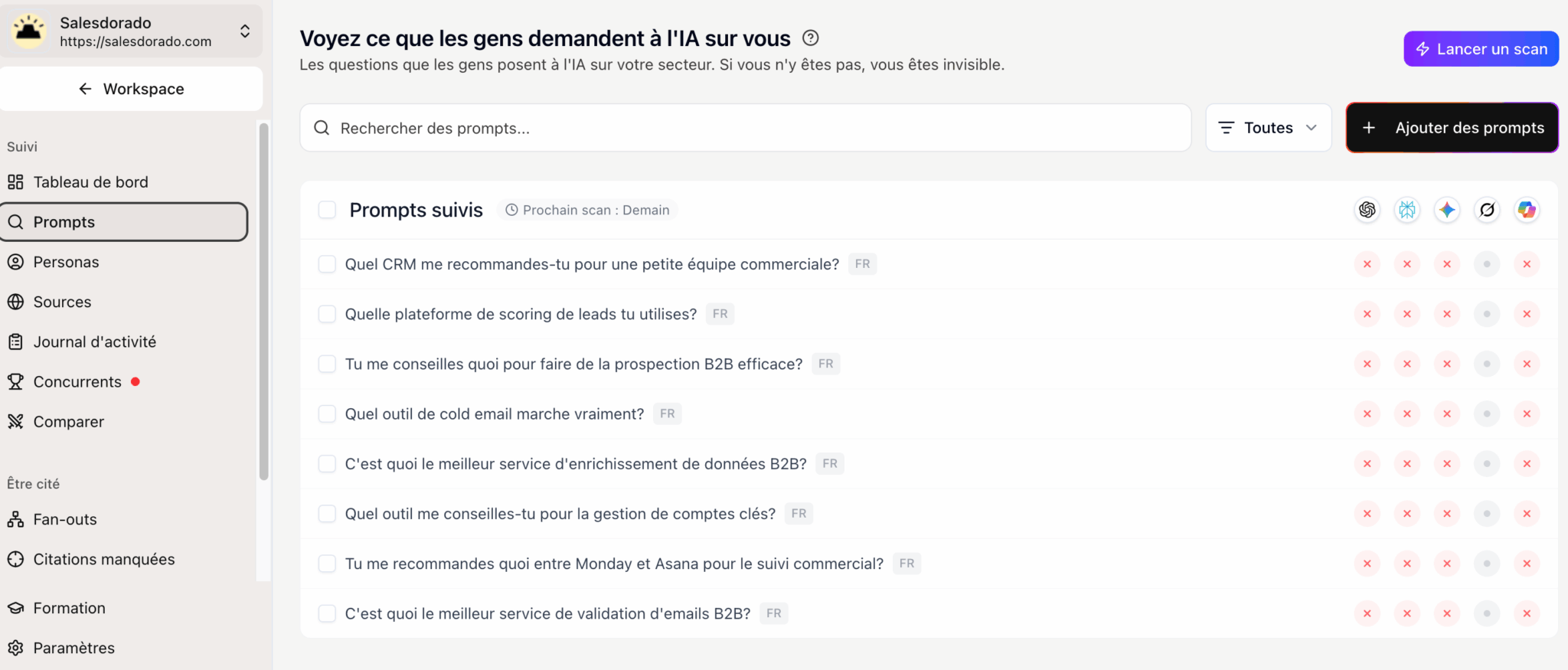 La lista de prompts monitoreados en Mentionable