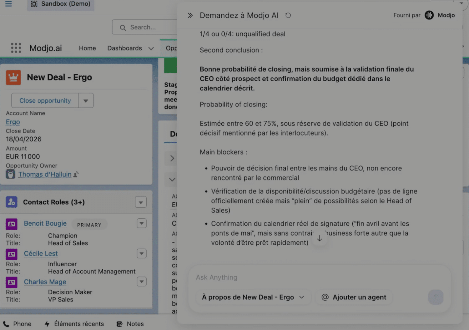 L'assistant IA de Modjo répondant à une question sur un deal