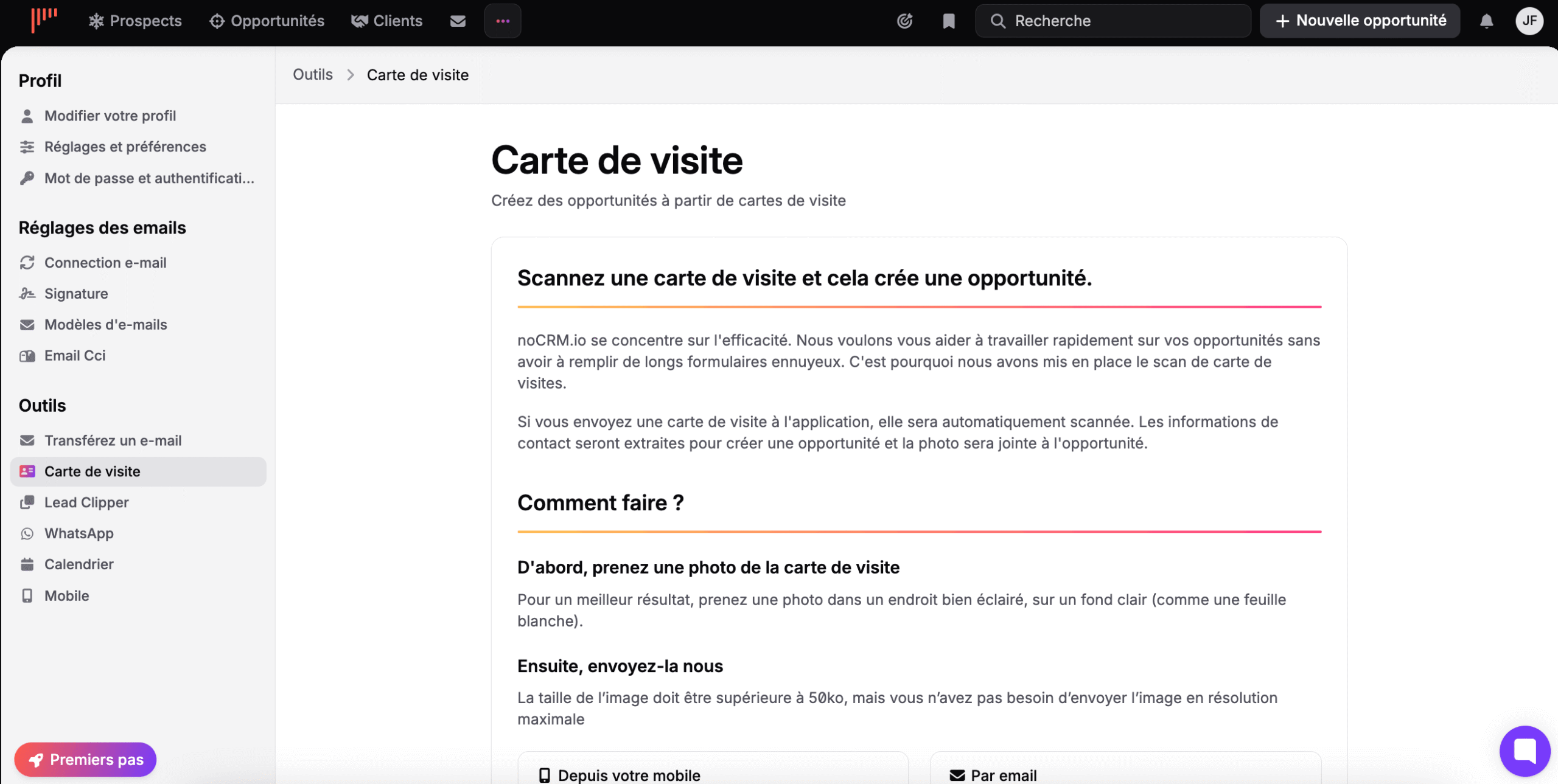 Scan de carte de visite dans noCRM