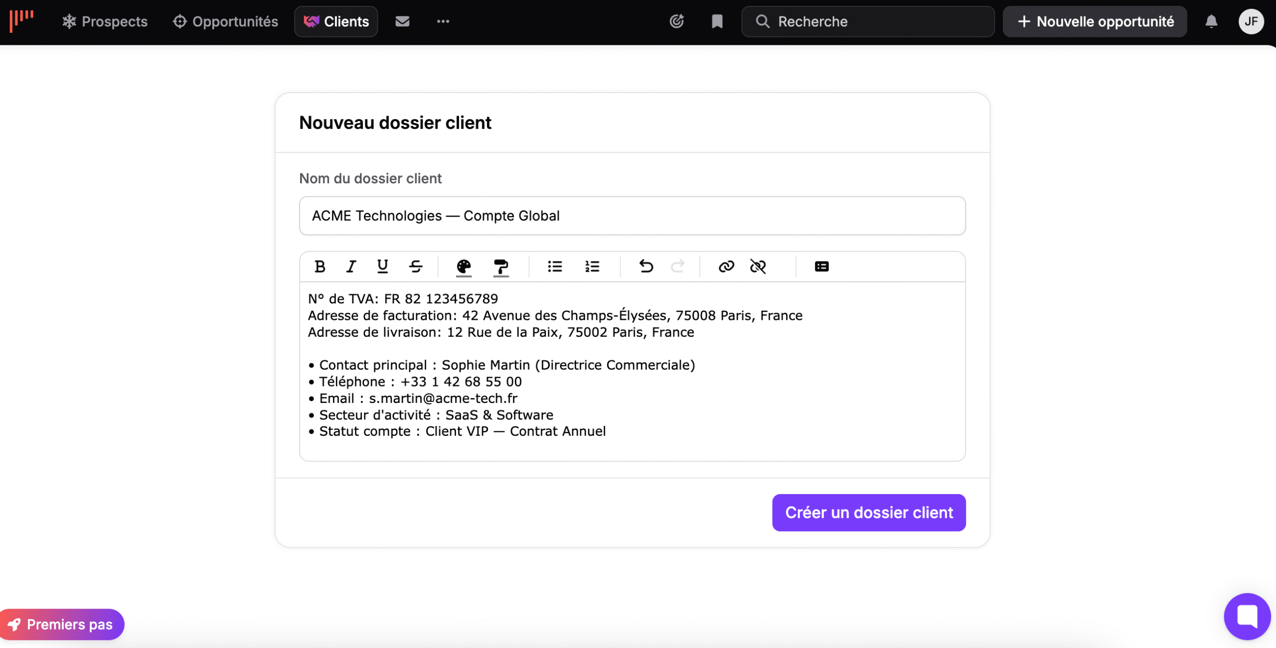 Création d'un dossier client dans noCRM