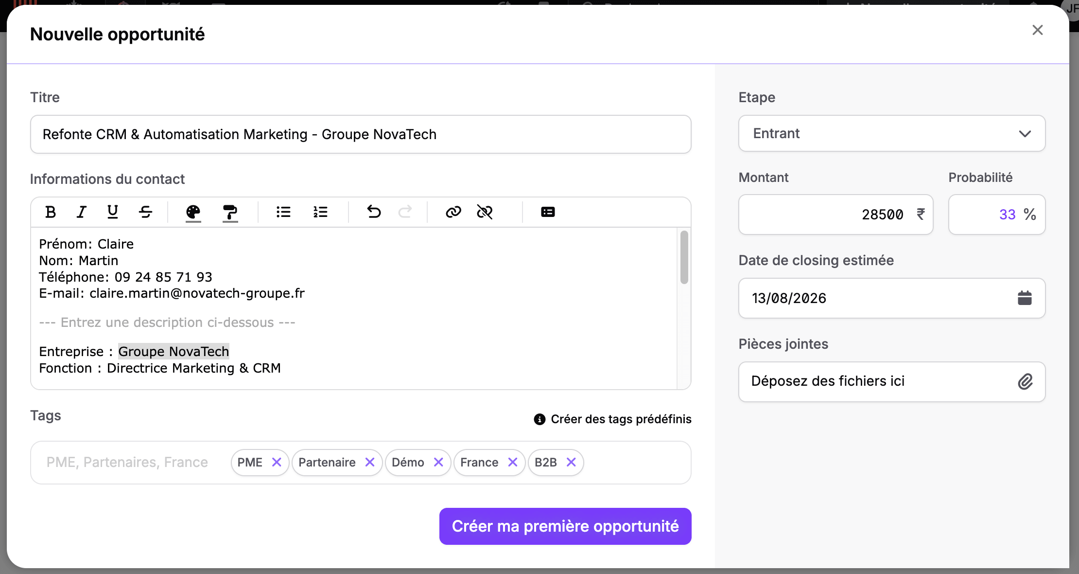Création d'une opportunité dans noCRM