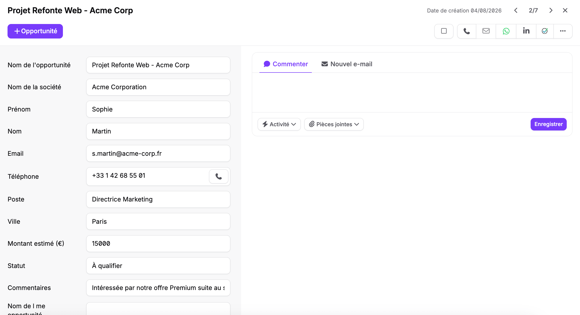 Fiche prospect noCRM avec navigation et conversion en opportunité
