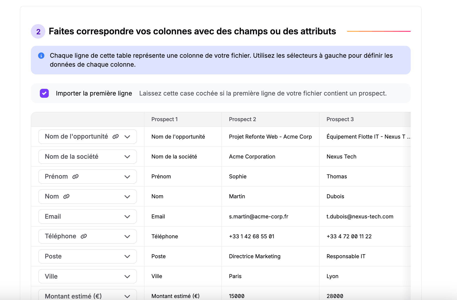 Mise en correspondance des colonnes lors de l'import noCRM