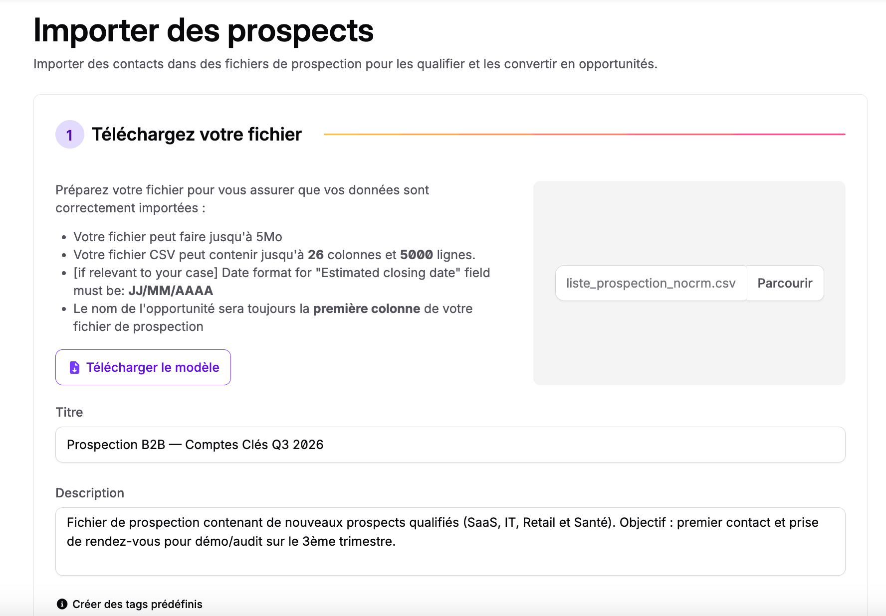 Écran d'import de prospects dans noCRM avec ses limites