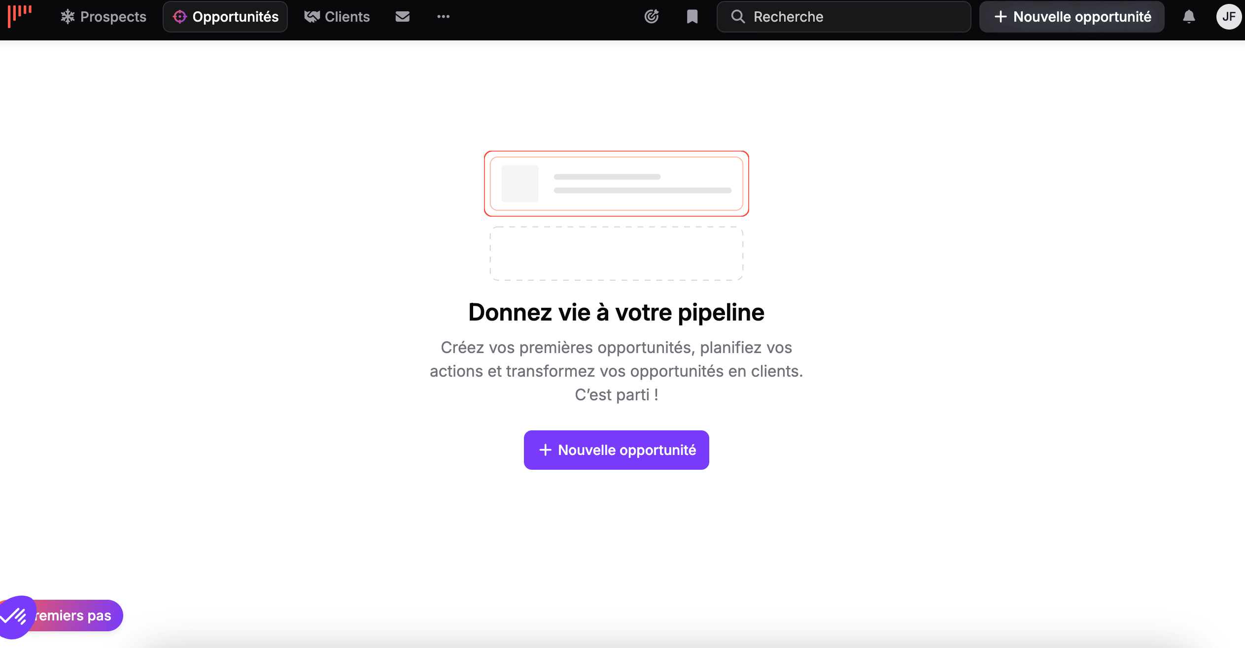Interface de démarrage épurée de noCRM