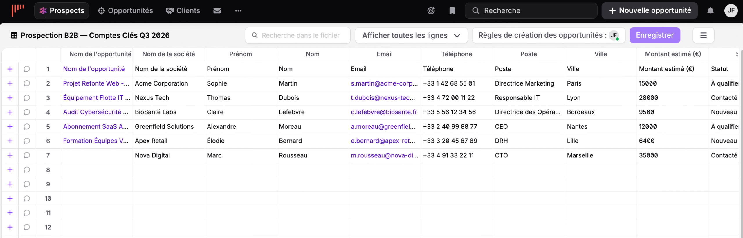 Liste de prospection noCRM sous forme de tableur