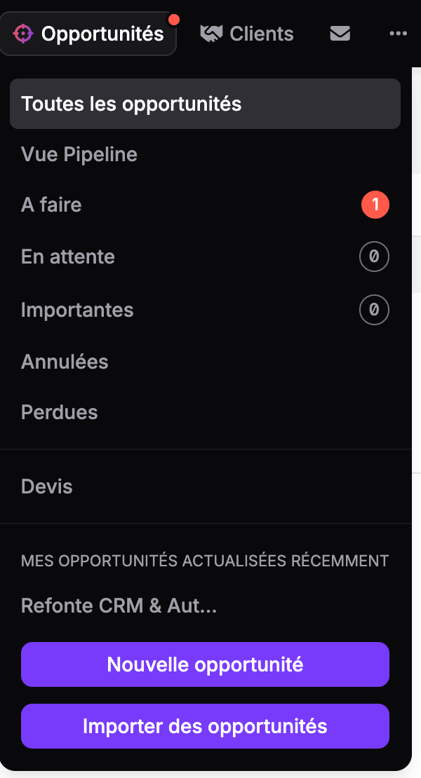 Menu des opportunités dans noCRM
