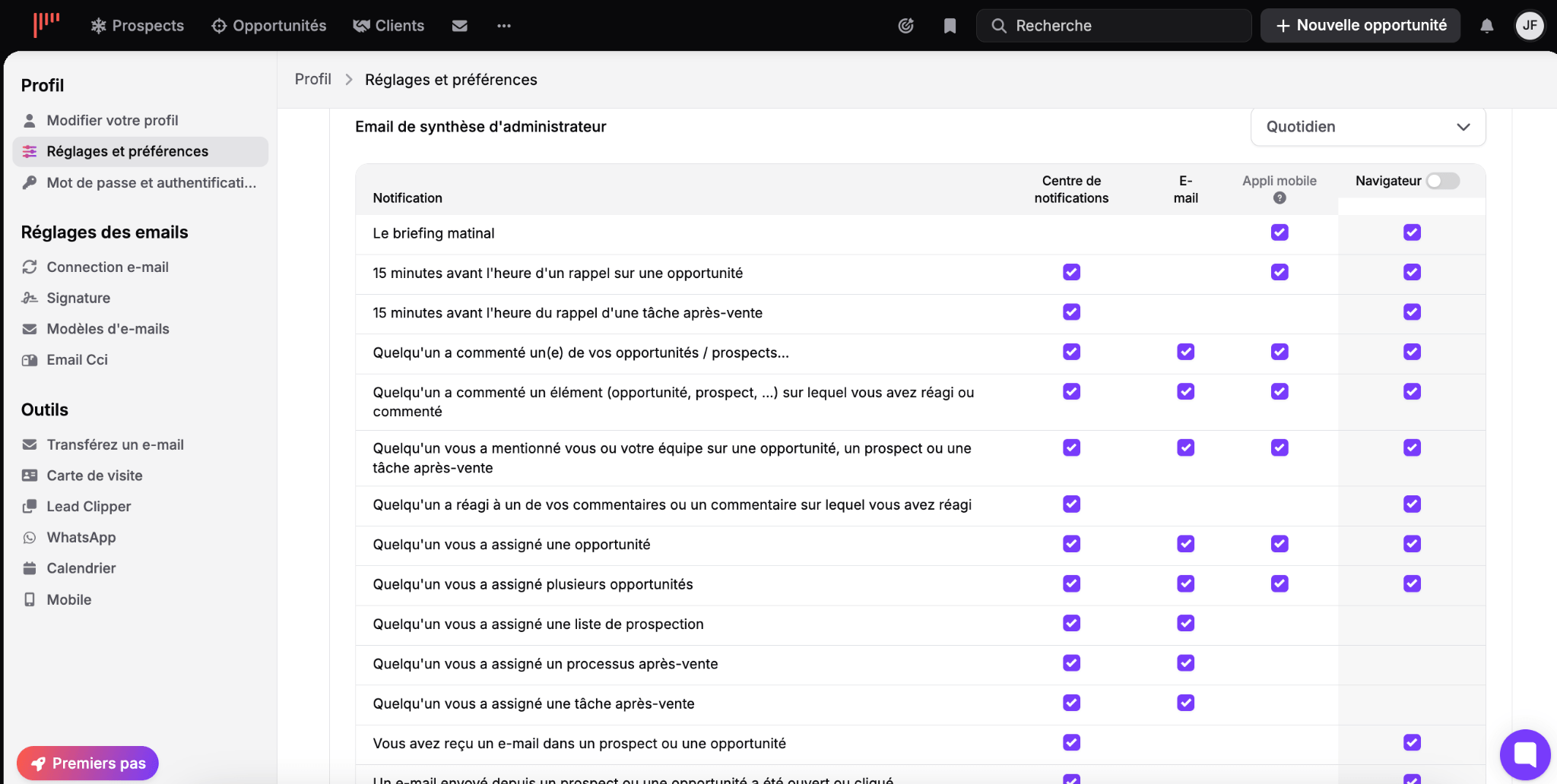 Réglages des notifications dans noCRM