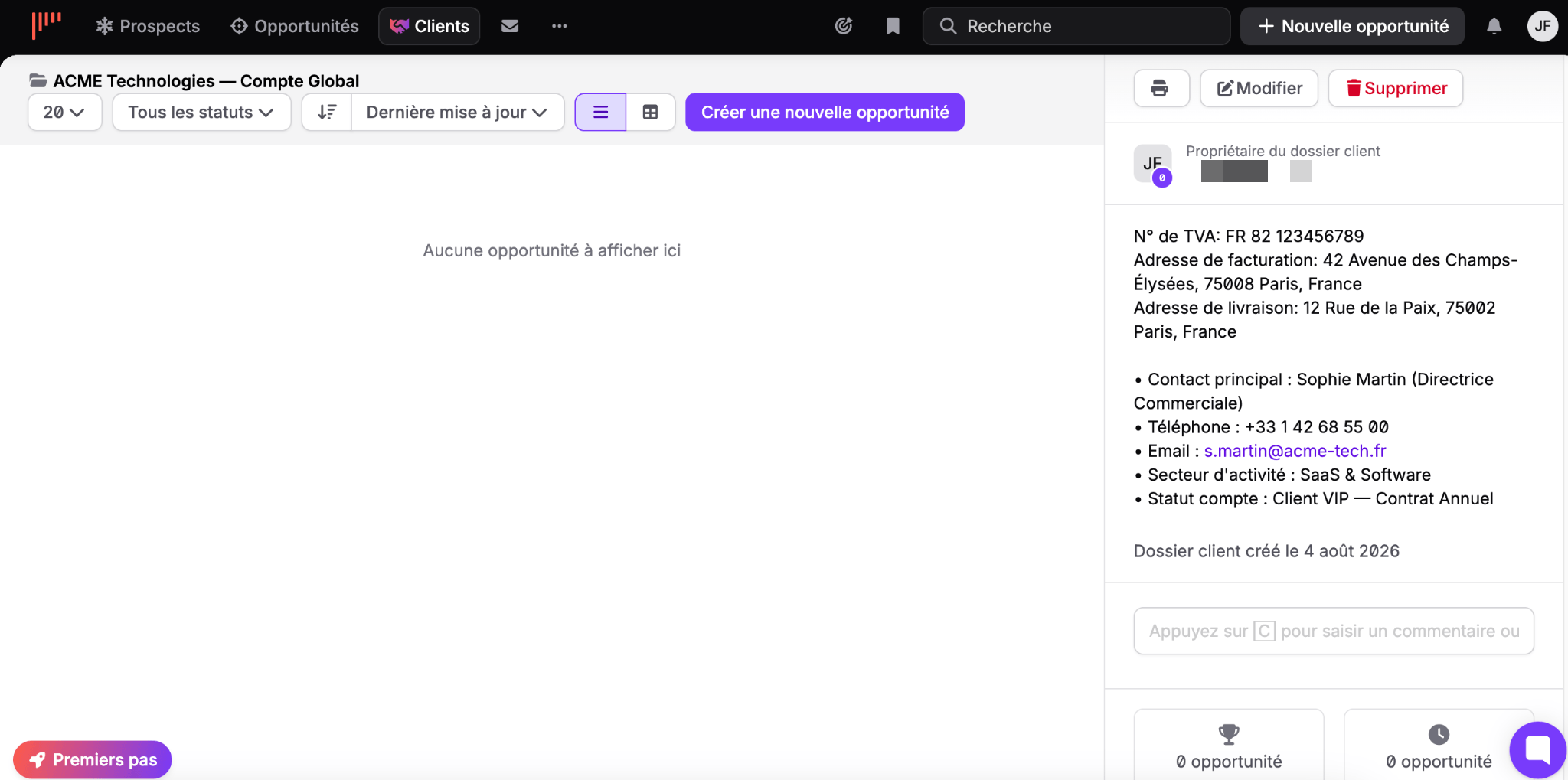 Vue d'un dossier client dans noCRM
